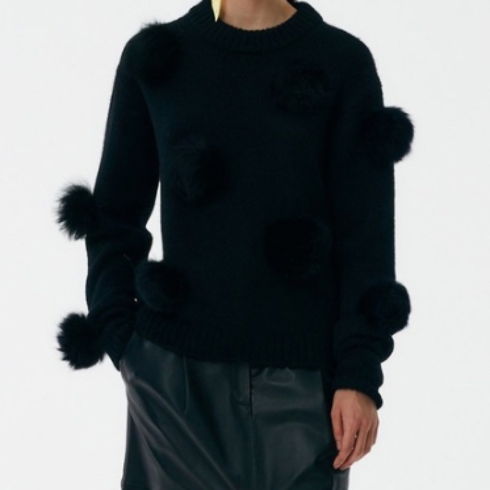 TIBI ALPACA FUR POM POM SWEATER BLACK NWOT
